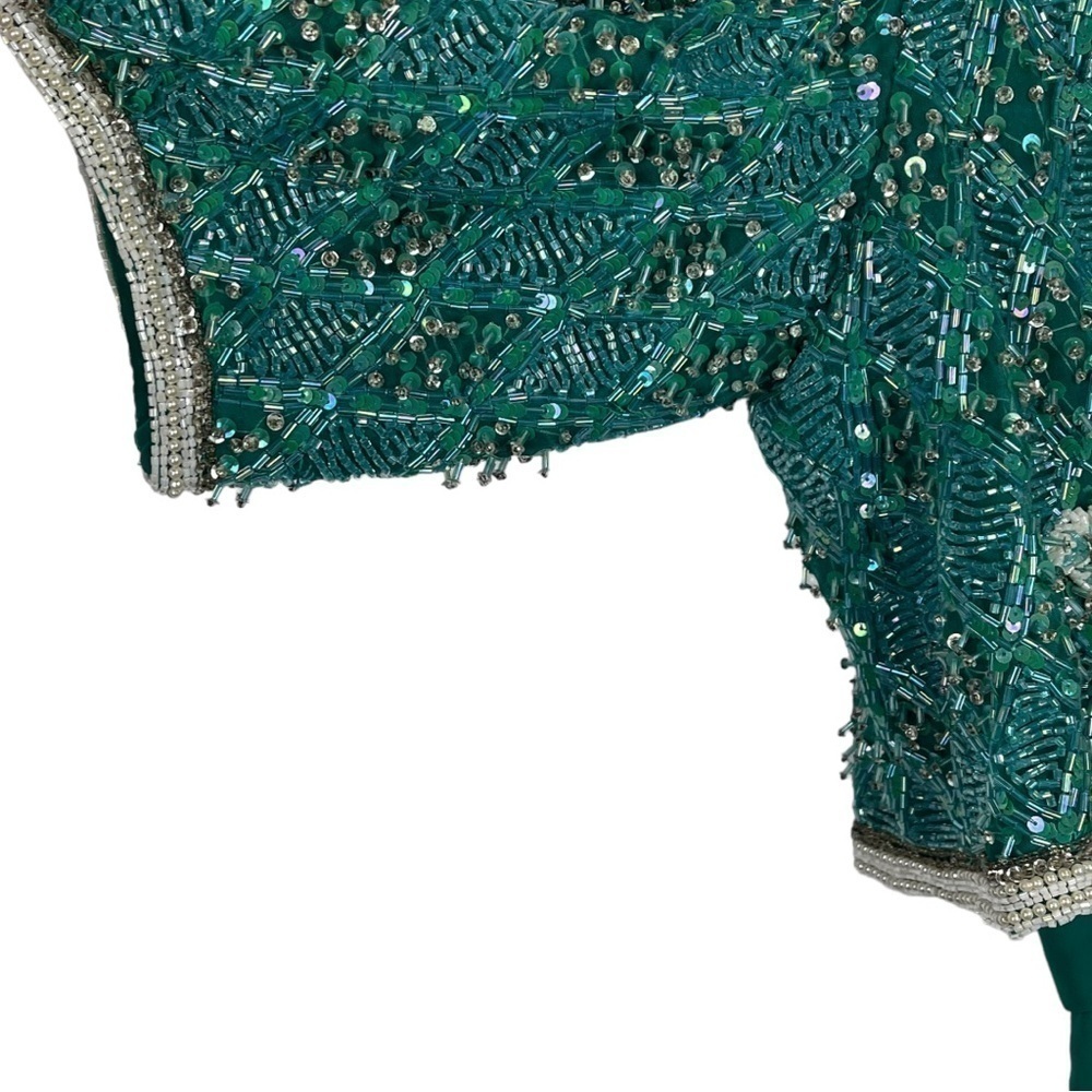 VINTAGE RICHILENE 70S SILK CHIFFON BEAD EMBELLISHED AQUA FORMAL EVENING GOWN - Picture 13 of 16